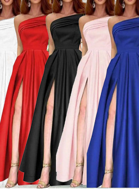 women clothes外贸单肩缎面礼服晚礼服生日宴会蓬蓬裙绿色高开叉