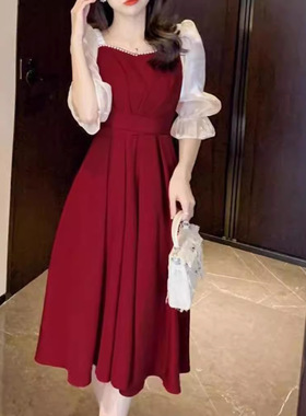 women clothes甜美法式连衣裙女五分袖夏季红色新款收腰显瘦中长
