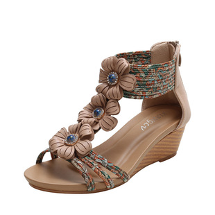 新款 shoes 民族風百搭高跟厚底露趾 季 女 women1418 673A坡跟涼鞋
