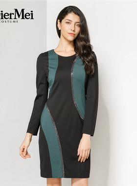 玫而美品牌专柜时尚气质修身撞色拼接连身裙中长款秋冬MDLO71700