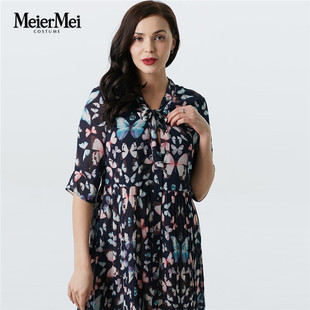 玫而美专柜时尚蝴蝶印花连衣裙女中长款夏季轻薄连身裙MXLS18600