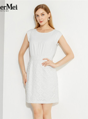 玫而美品牌连衣裙时尚气质白色提花无袖连身裙女中长款MXLQ18300