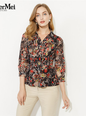 玫而美品牌专柜时尚印花气质修身V领衬衫女春秋长袖上衣MCSP07900