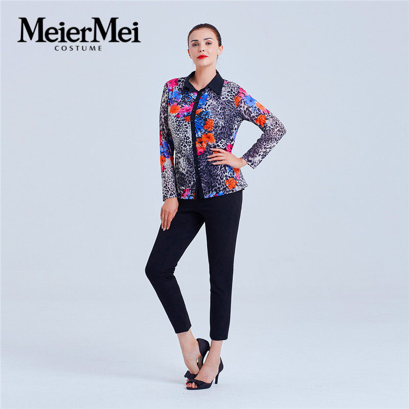 玫而美专柜女装春秋长袖衬衫meiermei品牌时尚印花撞色衬衣上衣