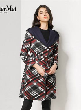 玫而美品牌专柜时尚格纹气质收腰显瘦连帽大衣秋冬外套MDDR61500