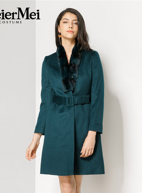 玫而美品牌专柜时尚羊毛獭兔毛领大衣女中长款秋冬外套MDDQ39000