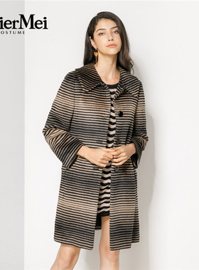 玫而美品牌专柜时尚渐变条纹毛呢大衣女中长款秋冬外套MDDN37200