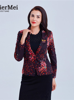 玫而美女装专柜品牌时尚印花小西服春秋长袖短外套meiermei单上衣