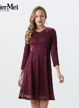 玫而美品牌专柜时尚气质V领修身高腰酒红色蕾丝连衣裙女MCLT18100