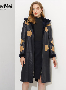 玫而美皮毛一体外套女中长款羊皮毛花朵拼接羊剪绒大衣MDES47200