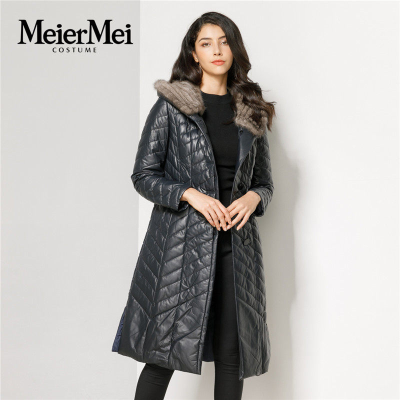 玫而美皮羽绒服女品牌真皮中年妈妈绵羊皮收身大摆皮棉服