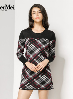 玫而美品牌专柜时尚大气修身英伦格纹针织连身裙连衣裙MDZR92859