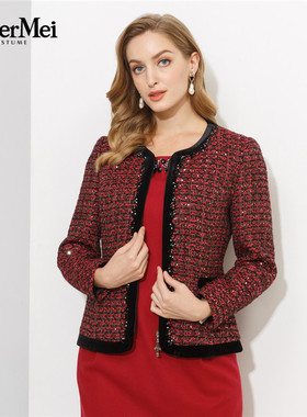 玫而美品牌专柜针织外套女短款收腰小香风秋冬单上衣MDJO68200