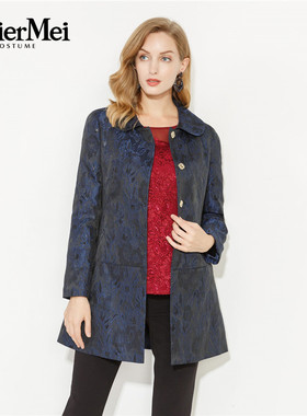 玫而美品牌专柜时尚提花气质修身黑兰花风衣女秋冬外套MCFQ35500