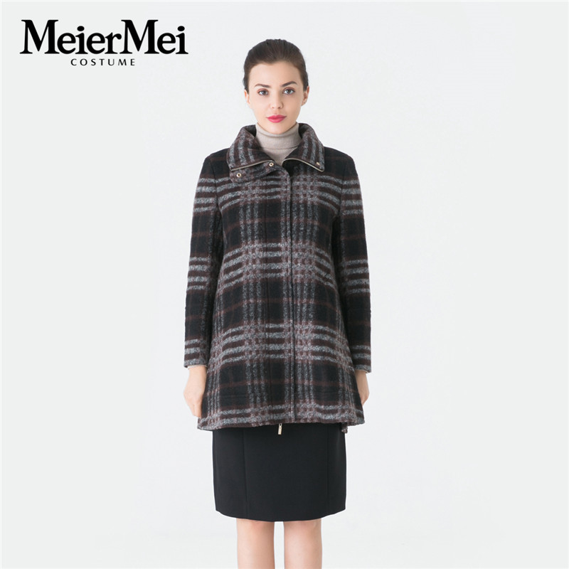 玫而美女装品牌咖啡格小立领外套