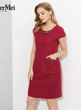 玫而美品牌专柜时尚学院风修身连衣裙吉庆短袖羊毛面料MDLM66100