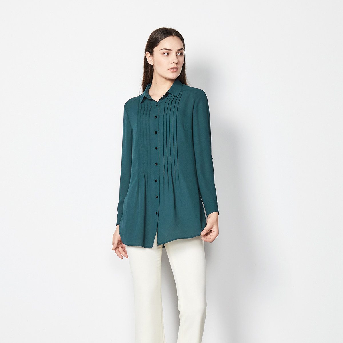 玫而美女装品牌MeierMei专柜兰绿翻领宽松衫衣长袖时尚衬衫上衣