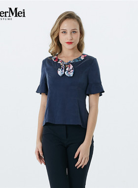 玫而美品牌专柜时尚花色飘带拼接套头衫女装荷叶袖衬衫MXSR24600