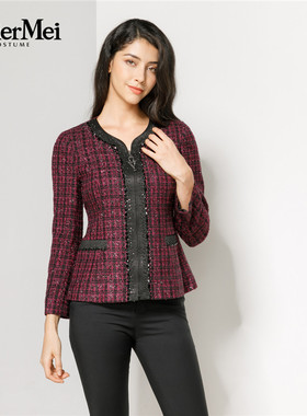 玫而美品牌专柜时尚气质修身针织黑红格短上衣冬季外套MDSN36800