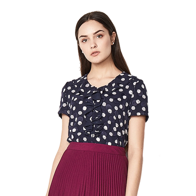 时尚波点印花修身衬衫短袖上衣