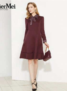 玫而美品牌专柜时尚系带文艺淑女修身A摆连身裙女中长款MCLS41700