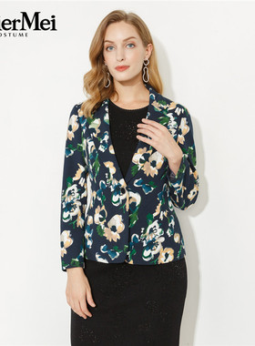 玫而美品牌专柜时尚印花修身小西服春秋显瘦减龄短外套MCJQ28900