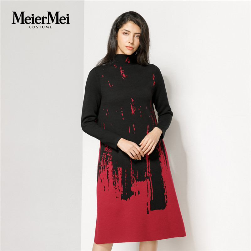 品牌时尚水墨针织连衣裙中长款