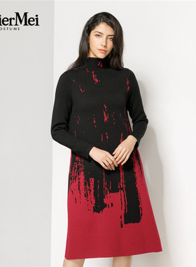 玫而美品牌时尚大气水墨提花针织连衣裙女中长款连身裙MDZS93107