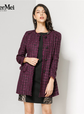 玫而美品牌专柜时尚高贵大气法式小香风黑红格粗纺大衣MDDN36600