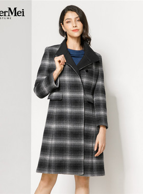 玫而美品牌专柜时尚英伦复古格子直身羊毛呢大衣中长款MDDN36120