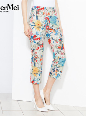 玫而美品牌专柜时尚印花休闲裤春秋女度假修身显瘦单裤MCKP08900