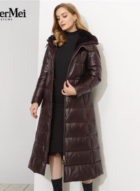 玫而美皮羽绒服女中长款进口绵羊皮獭兔毛领带帽羽绒服MDES25500