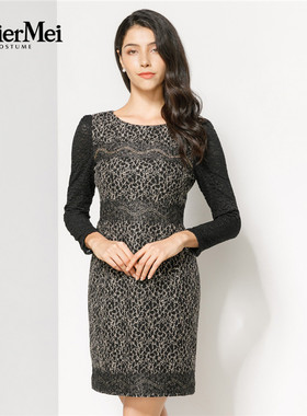 玫而美品牌时尚蕾丝花边拼接修身连衣裙女黑黄花连身裙MDLO72900