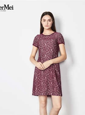 玫而美品牌专柜时尚气质修身圆领连衣裙女中长款蕾丝裙MXLQ13800