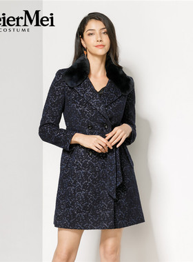 玫而美品牌专柜时尚收腰显瘦獭兔毛领大衣秋冬黑色外套MDDQ38900