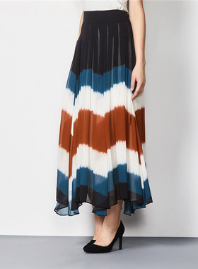 玫而美品牌时尚拼色半身裙女显瘦桑蚕丝百褶裙真丝长裙MXTO53900