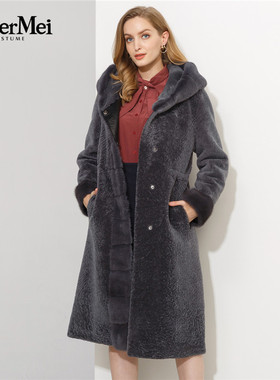 玫而美皮毛一体女中长款水貂拼接美丽诺连帽羊剪绒大衣MDES27700