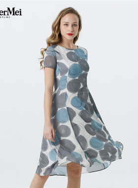 玫而美品牌桑蚕丝时尚气质抽象图案真丝连衣裙女中长款MXLQ63500