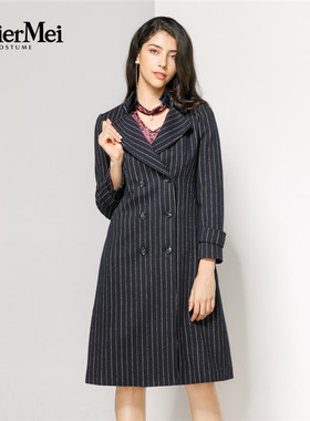 玫而美品牌时尚气质条纹修身收腰毛呢大衣外套中长款MDDR62500