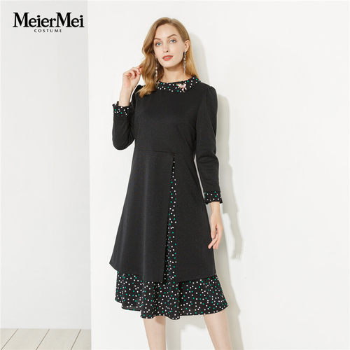 玫而美品牌专柜时尚文艺复古显瘦黑色连身裙女装中长款MCLS52801 - 封面