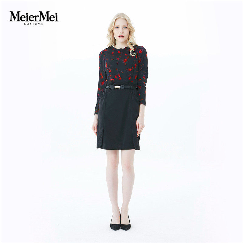 玫而美女装品牌专柜时尚气质假两件修身连身裙中长长袖MCLO00300