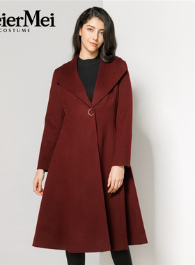 玫而美时尚修身大气酱红裙式羊毛呢大衣中长款秋冬外套MDDS39800