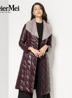 玫而美品牌时尚细腻绵羊皮修身水貂领子紫红色皮羽绒服MDER68600