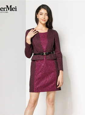 玫而美品牌专柜时尚提花假两件连衣裙秋冬紫红色连身裙MDLQ35600