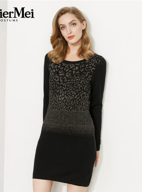 玫而美品牌时尚优雅华丽收腰显瘦针织连衣裙豹纹连身裙MCZO89729
