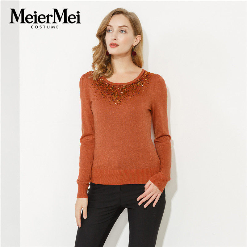 玫而美品牌专柜时尚手工钉珠针织内搭套头衫橘红打底衫MCZO89629,女装/女士精品,毛针织衫,淘宝优惠券,粉丝福利购,淘宝优惠卷