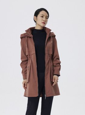 玫而美风衣女士中长款连帽宽松收腰长袖休闲显瘦通勤中年春秋外套