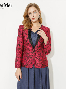 玫而美品牌专柜时尚玫瑰印花修身小西服女装春秋短外套MCSN27720