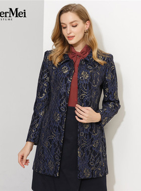 玫而美品牌名媛风修身中长款风衣女中年秋冬提花大衣MDFO64300