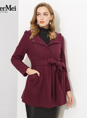 玫而美品牌专柜时尚淑女风收腰中长外套女中年女大衣MDDP78300